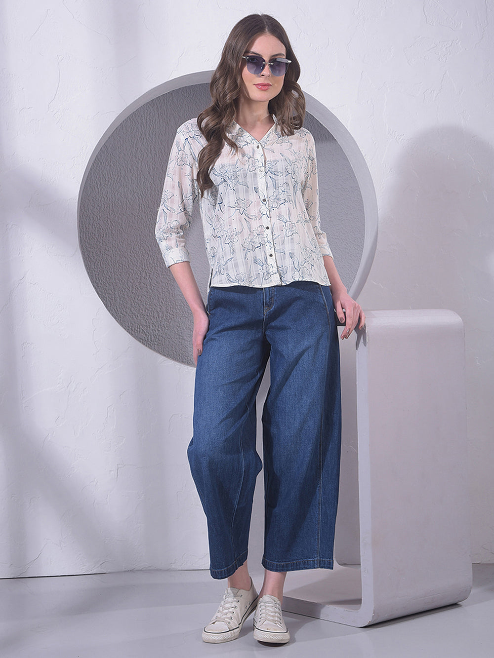 White Floral Print V-Neck Shirt