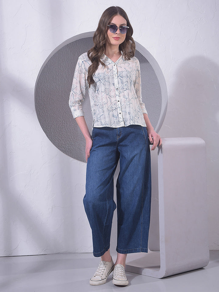 White Floral Print V-Neck Shirt