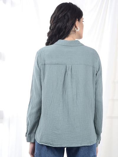 Sage Green Crinkled Textured Slim Fit Shirt