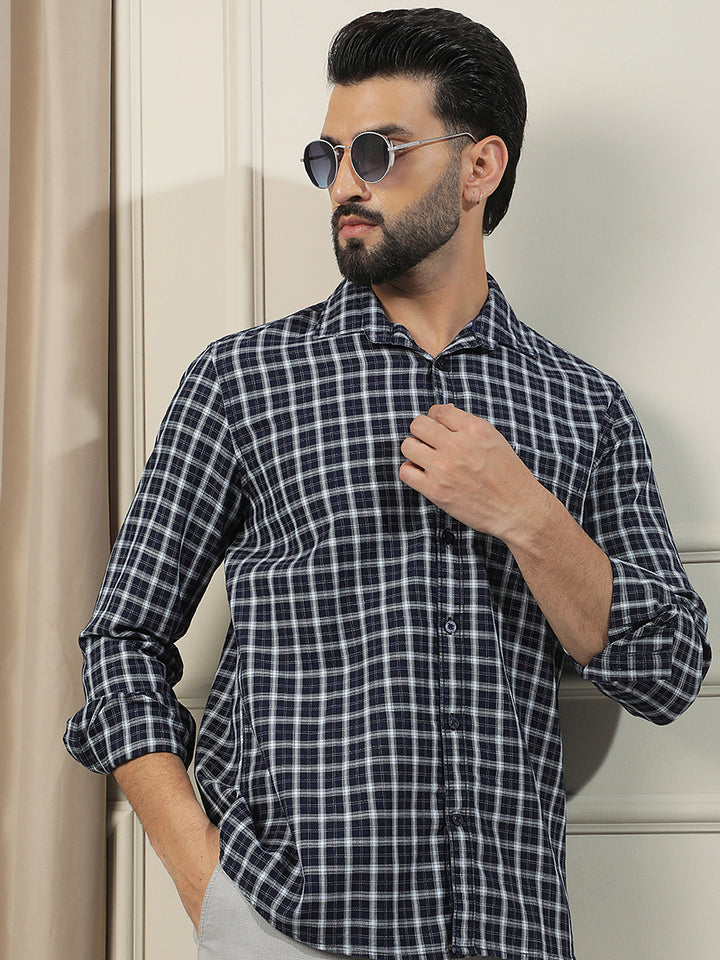 Navy Blue 100% Cotton Checked Shirt