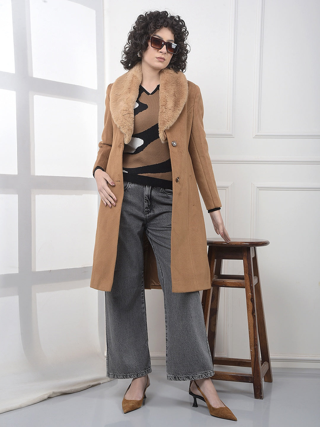 Brown Notched Lapel Overcoat With Belt