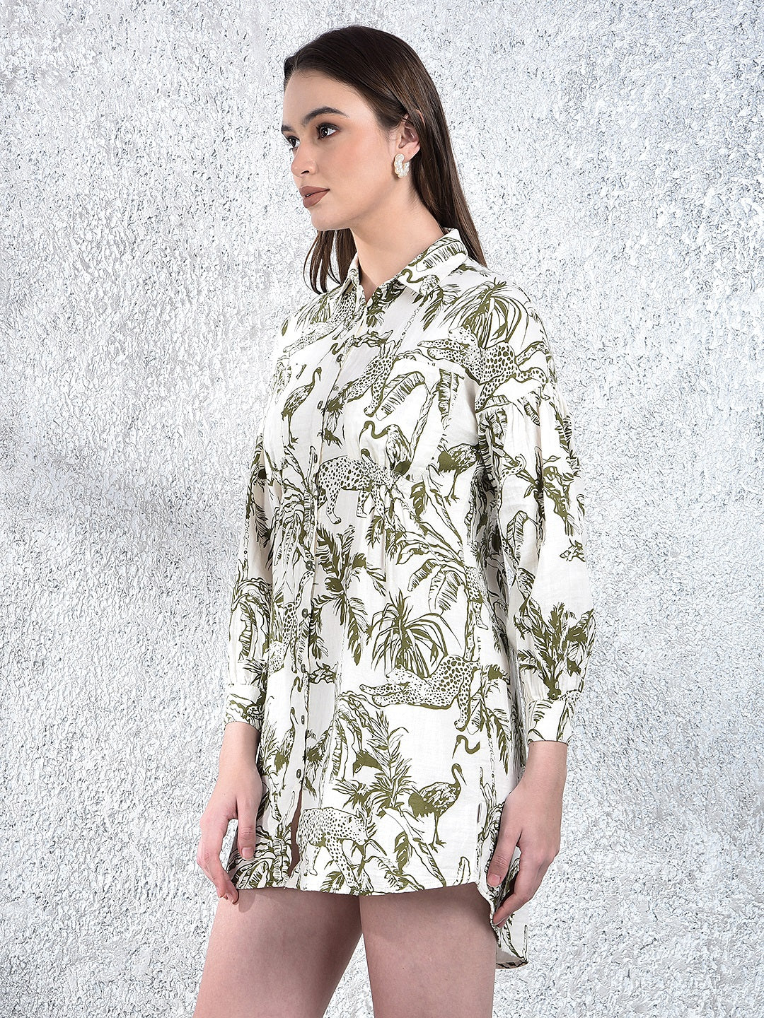 Olive Floral Print 100% Cotton Mini Shirt-Dress