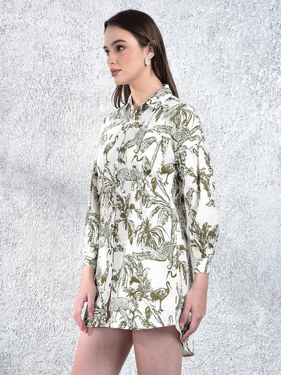 Olive Floral Print 100% Cotton Mini Shirt-Dress