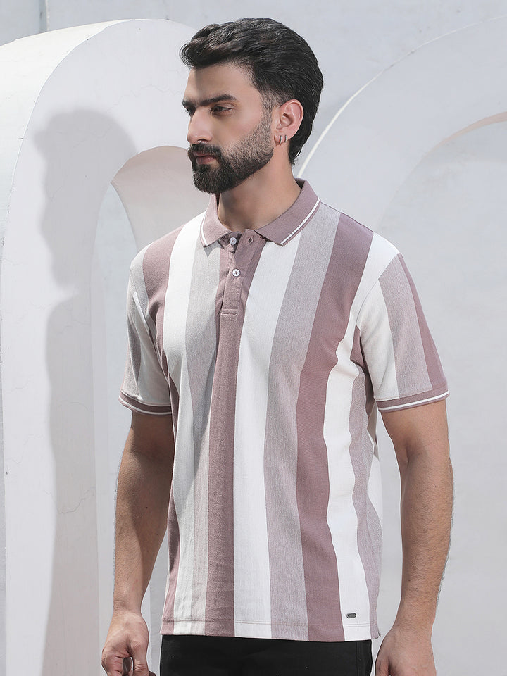 Purple Vertical Striped Polo Neck T-Shirt