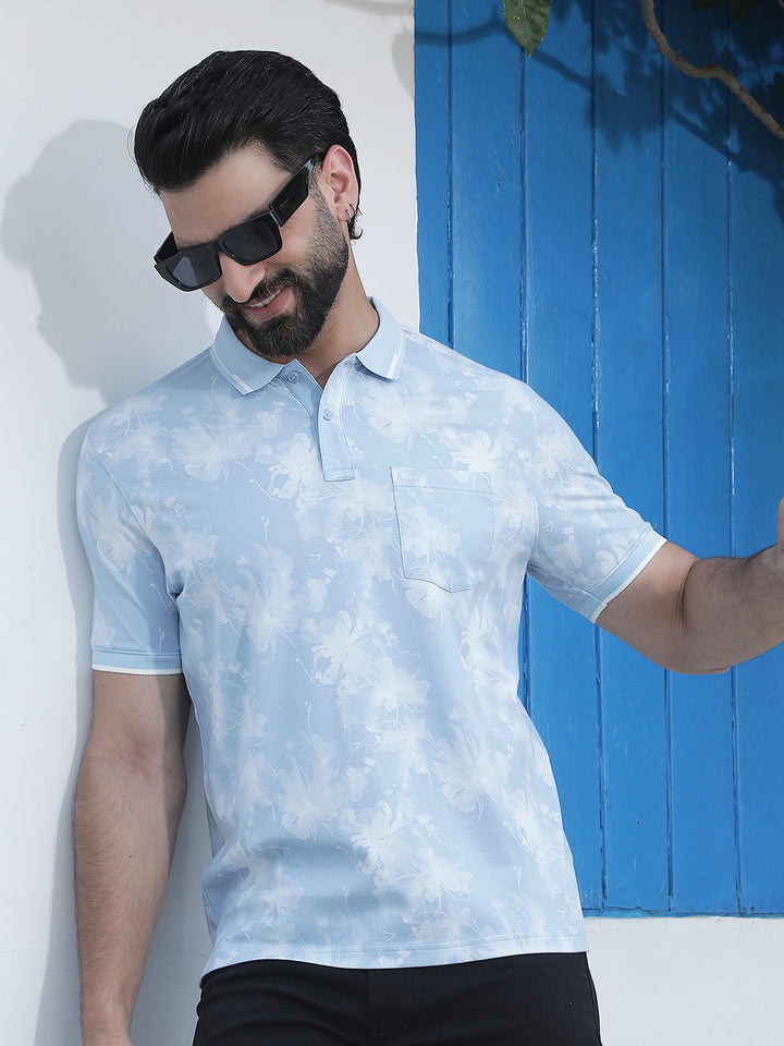 Blue Floral Print Polo Neck T-Shirt