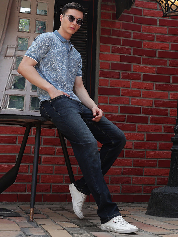 Blue Printed Polo Neck T-Shirt