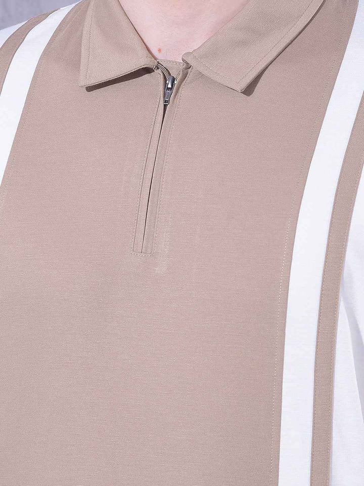 Beige Color-Blocked Polo Neck T-Shirt with Zip Closure