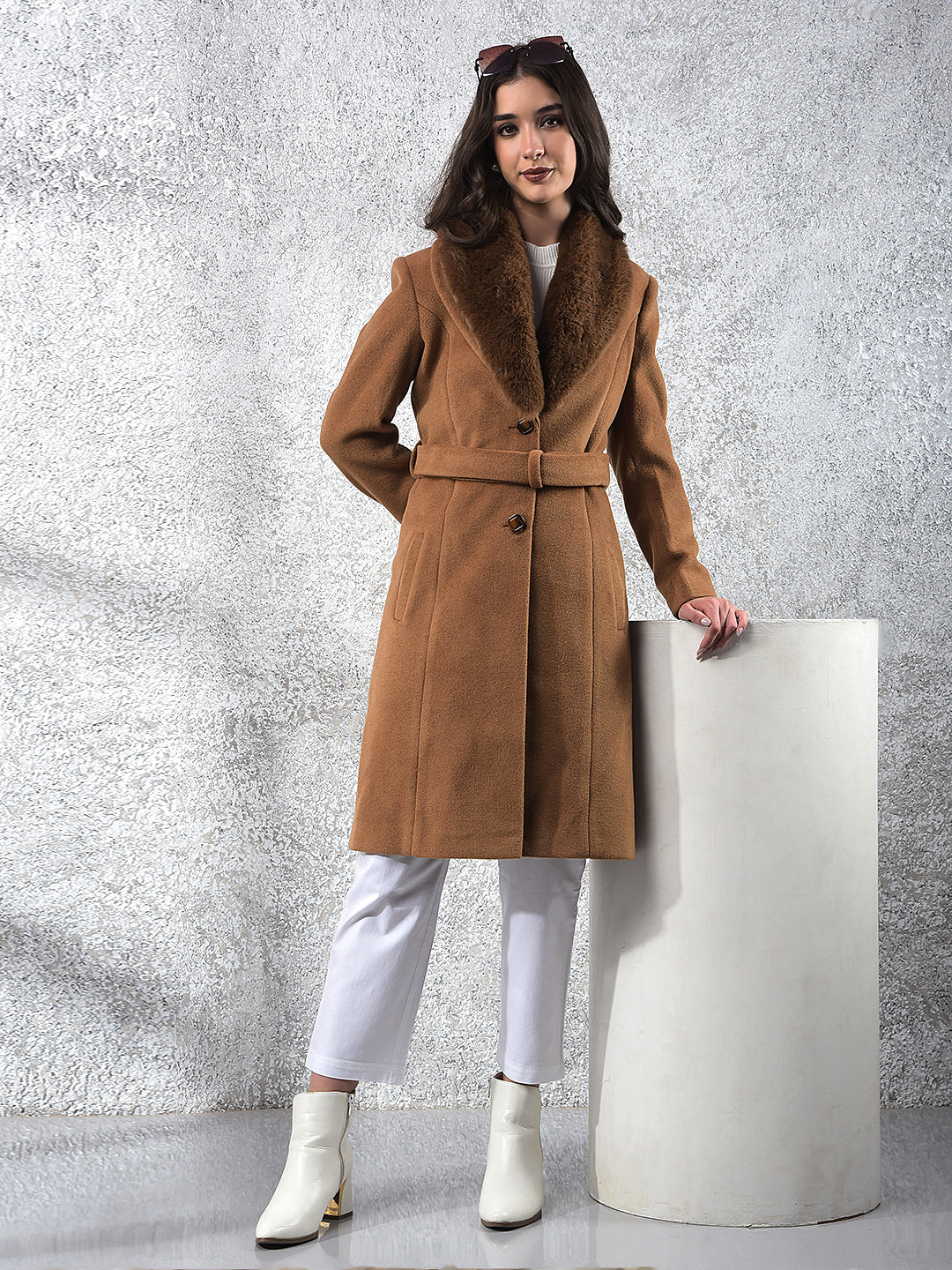 Brown Notched Lapel Overcoat With Belt