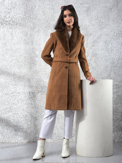Brown Notched Lapel Overcoat With Belt