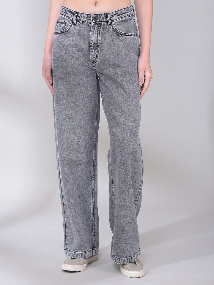 Grey 100% Cotton Wide-Leg Jeans