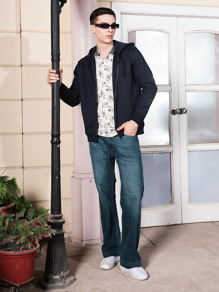 Navy Blue Hooded Neck Front Open Sweatshirt