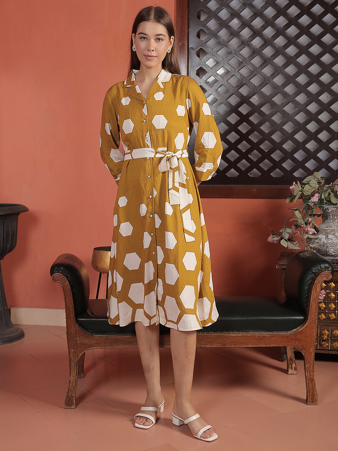 Mustard Geometric Print Midi Length Shirt Dress With Belt