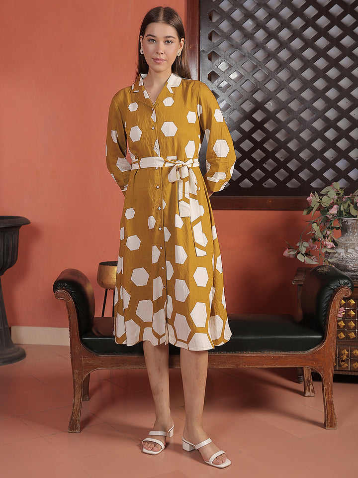 Mustard Geometric Print Midi Length Shirt Dress With Belt
