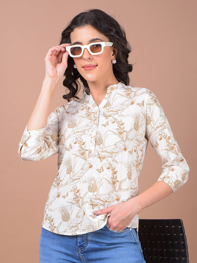 Olive Floral Print V-Neck Linen Top