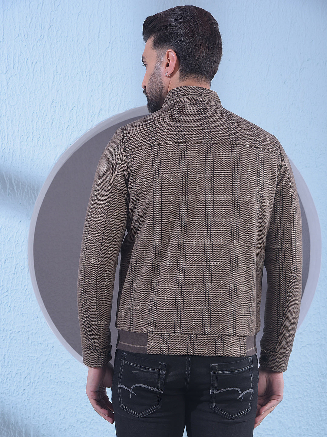 Brown Herringbone Check Bomber Jacket