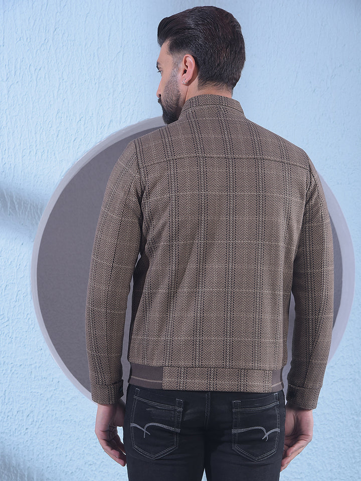Brown Herringbone Check Bomber Jacket