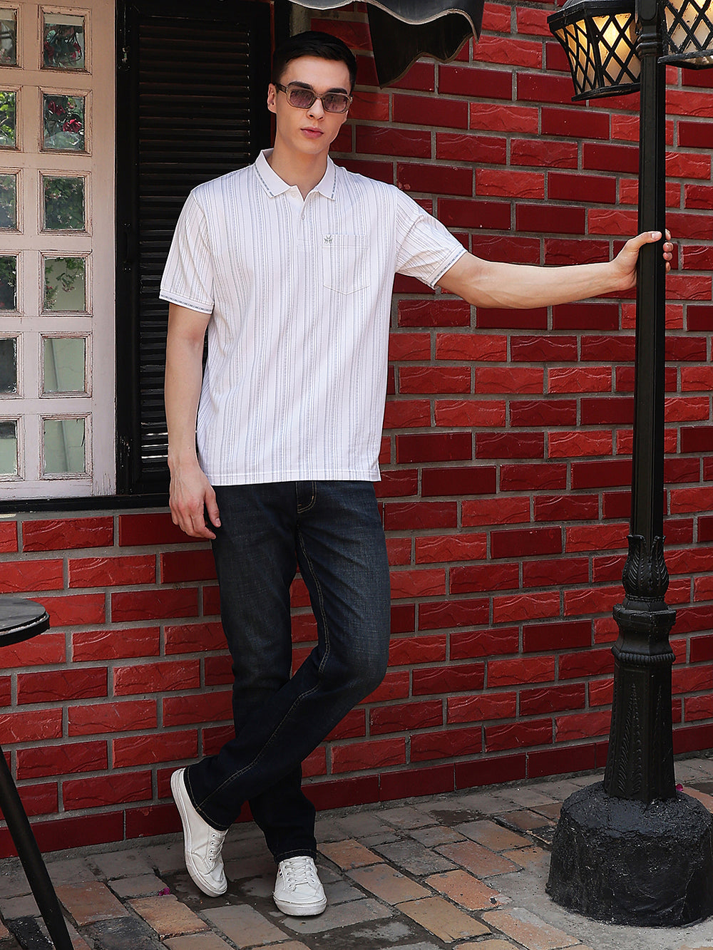 White Vertical Stripes Polo Neck T-Shirt