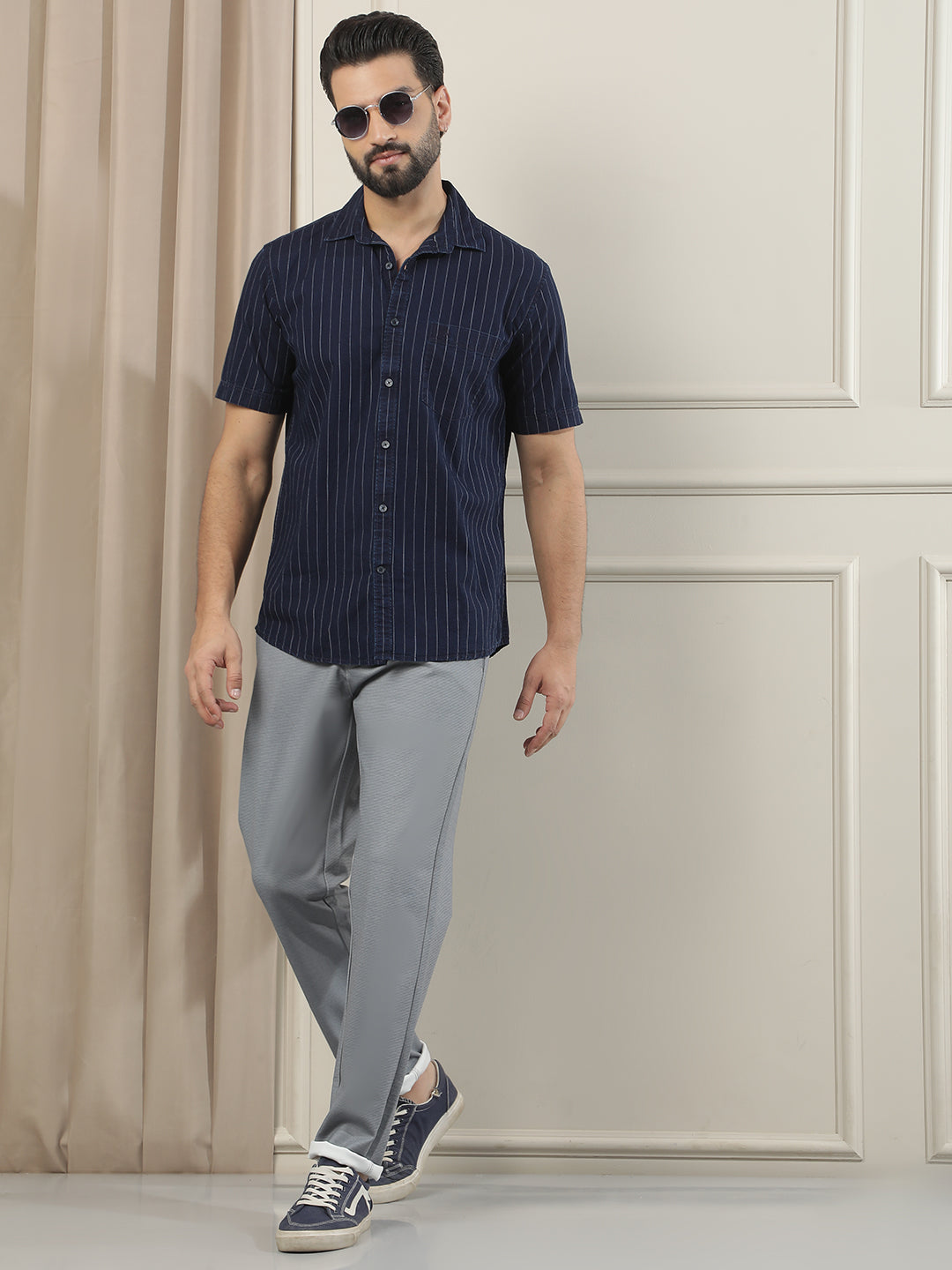 Navy Blue Vertical Striped 100% Cotton Shirt