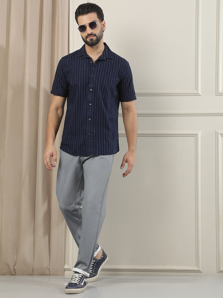Navy Blue Vertical Striped 100% Cotton Shirt
