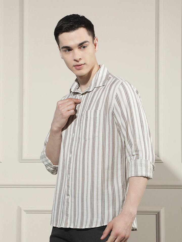 Brown Vertical Stripes Linen Shirt