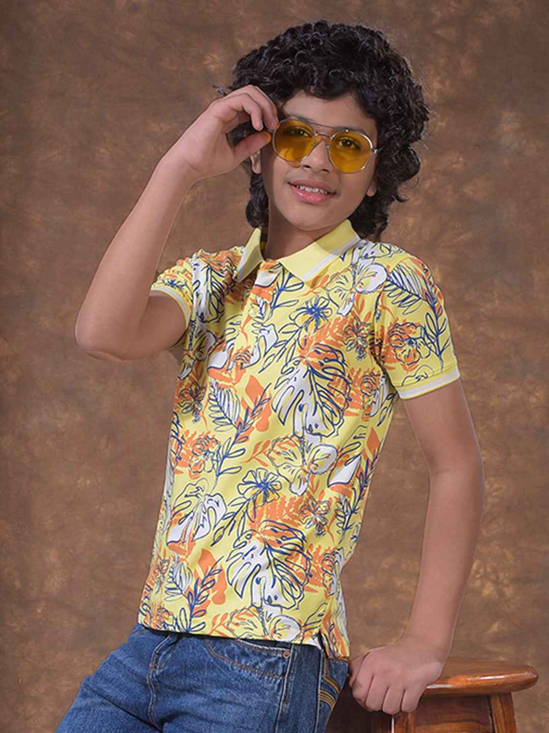 Green Floral Print Polo Neck T-Shirt