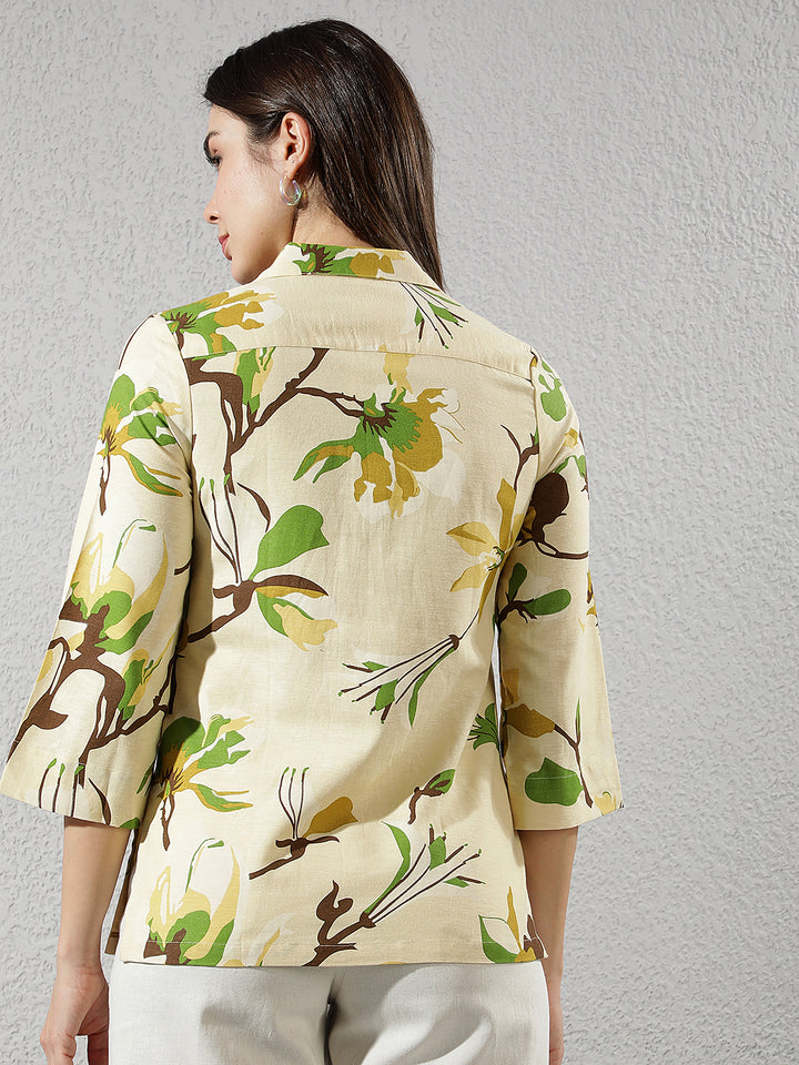 Mustard Floral Print Linen Shirt