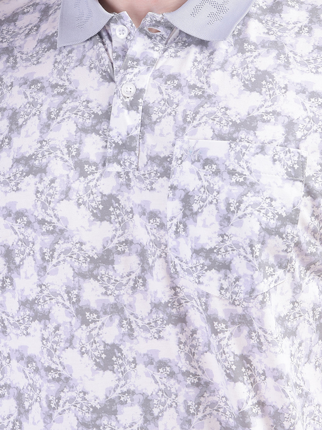 Purple Floral Print Polo-Neck T-Shirt