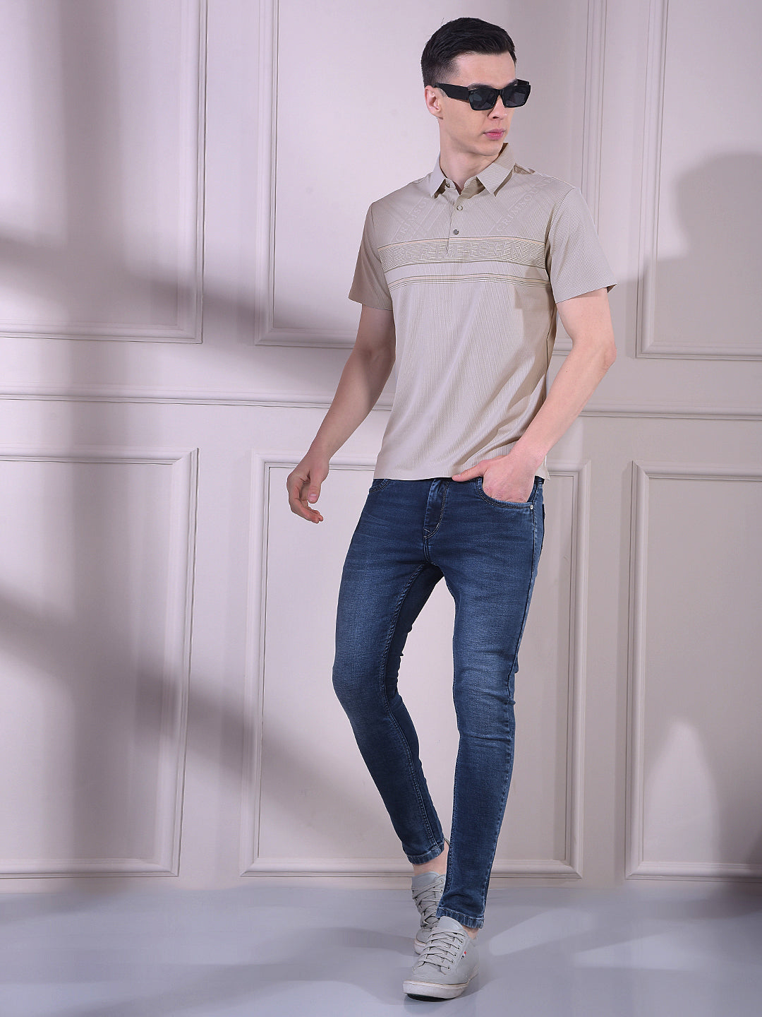 Grey Typographic Print Polo Neck T-Shirt