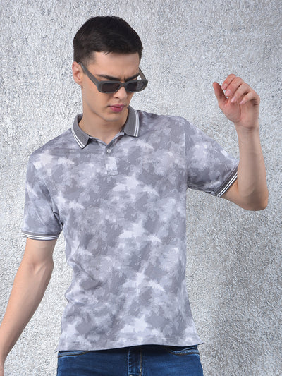 Grey Abstract Print Polo Neck T-Shirt