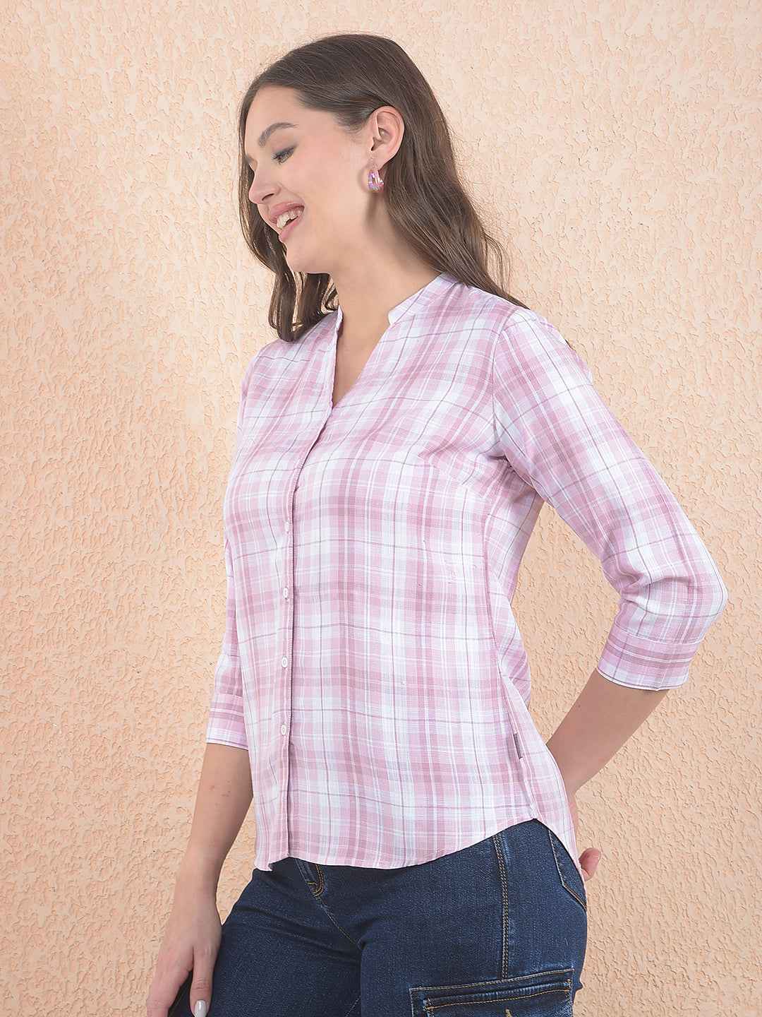 Pink V-Neck Plaid Check Shirt