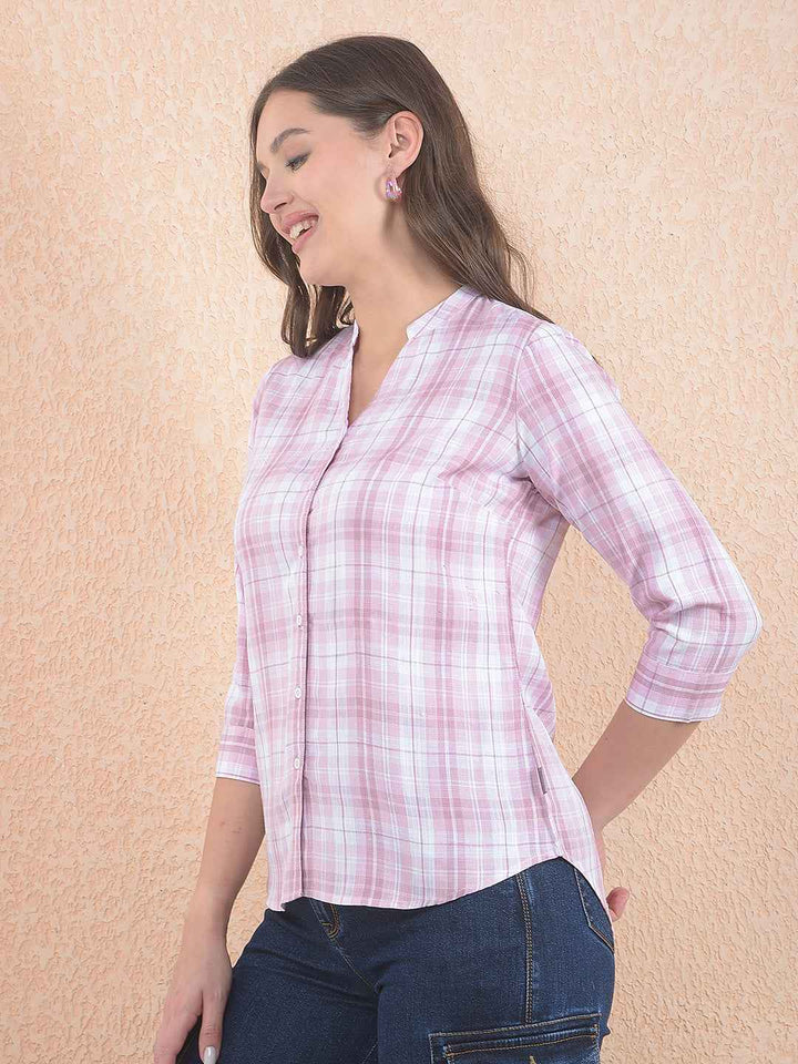 Pink V-Neck Plaid Check Shirt