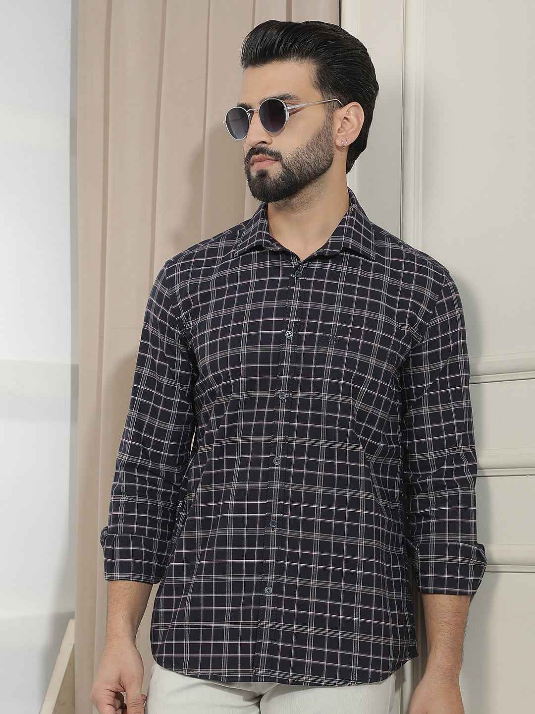 100% Cotton Navy Blue Checked Shirt