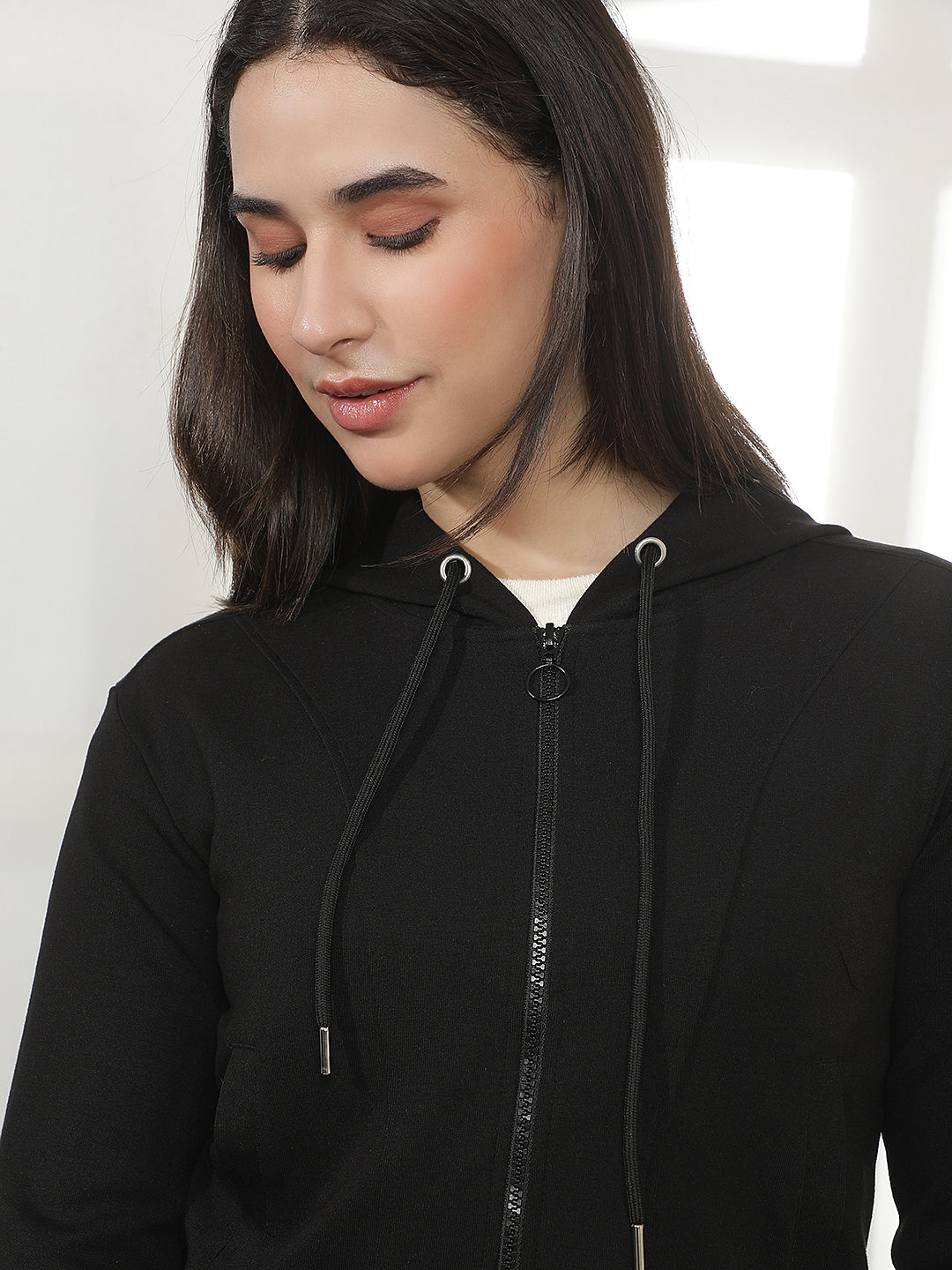 Black Hooded Cropped Front-Open Sweatshirt