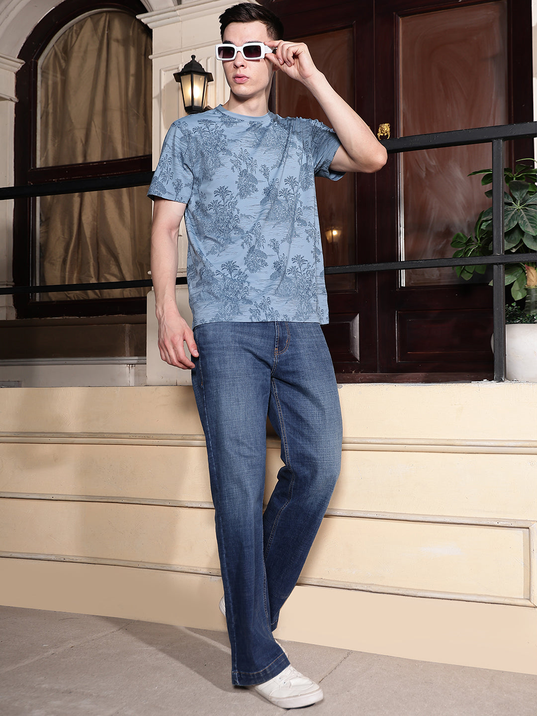 Sky Blue Round Neck Tropical Printed T-Shirt