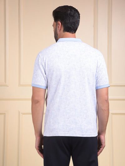 Blue Printed Polo Neck 100% Cotton T-Shirt