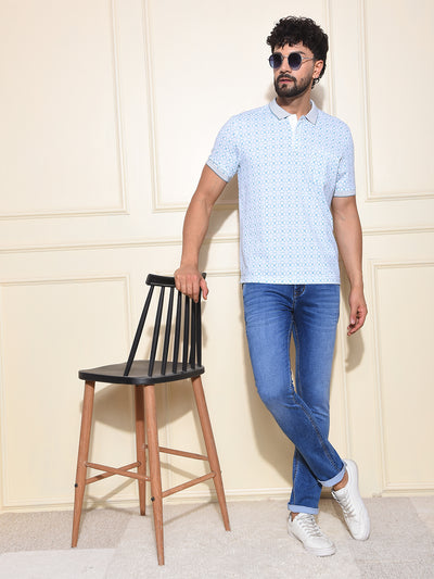 Blue Printed Polo-Neck T-Shirt