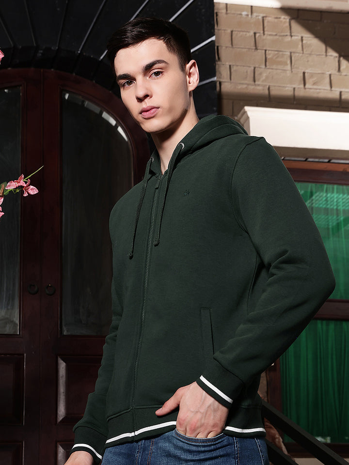Green Hooded Neck Front Open Sweatshirt