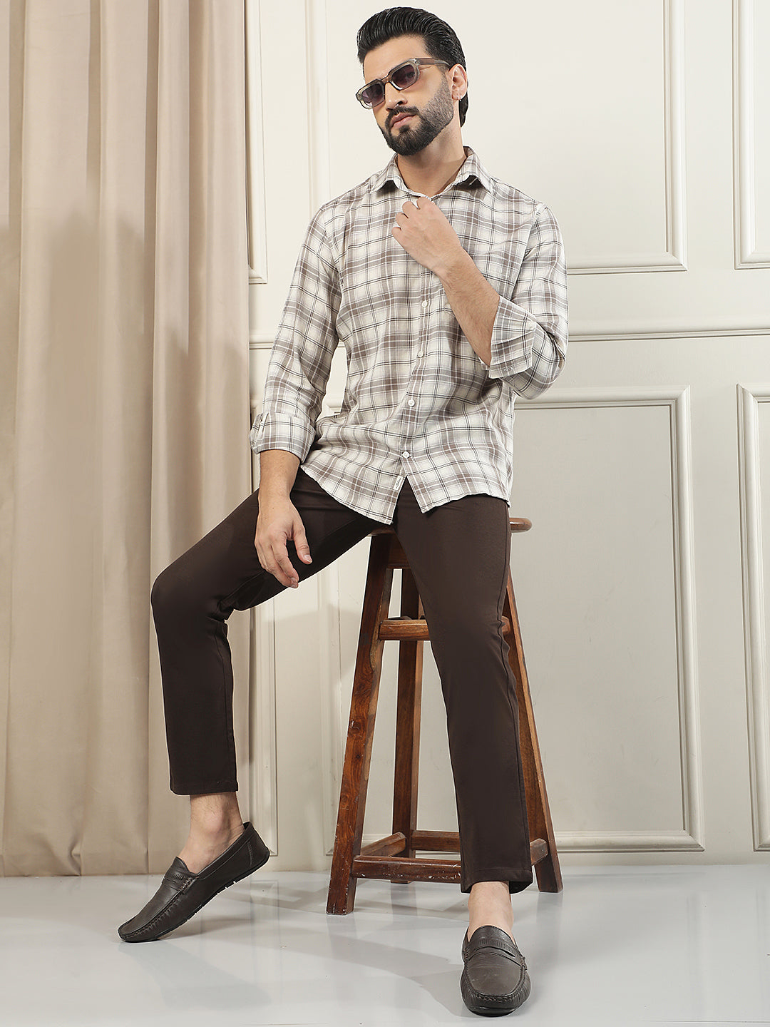 Brown Checked Linen Shirt