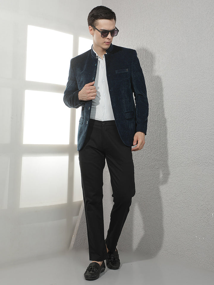 Navy Blue Mandarin Neck Blazer