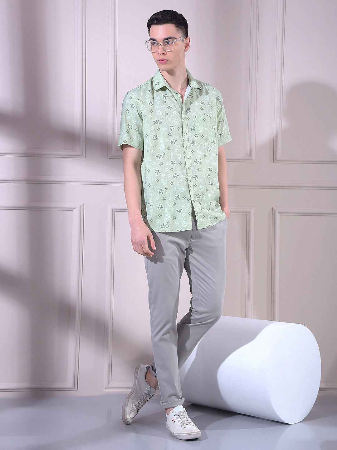 Green Linen Floral Print Shirt