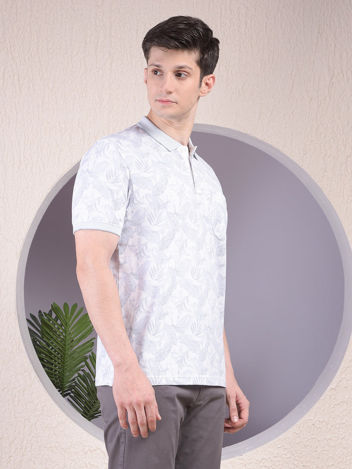 Grey Floral Print Polo-Neck T-Shirt