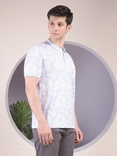 Grey Floral Print Polo-Neck T-Shirt