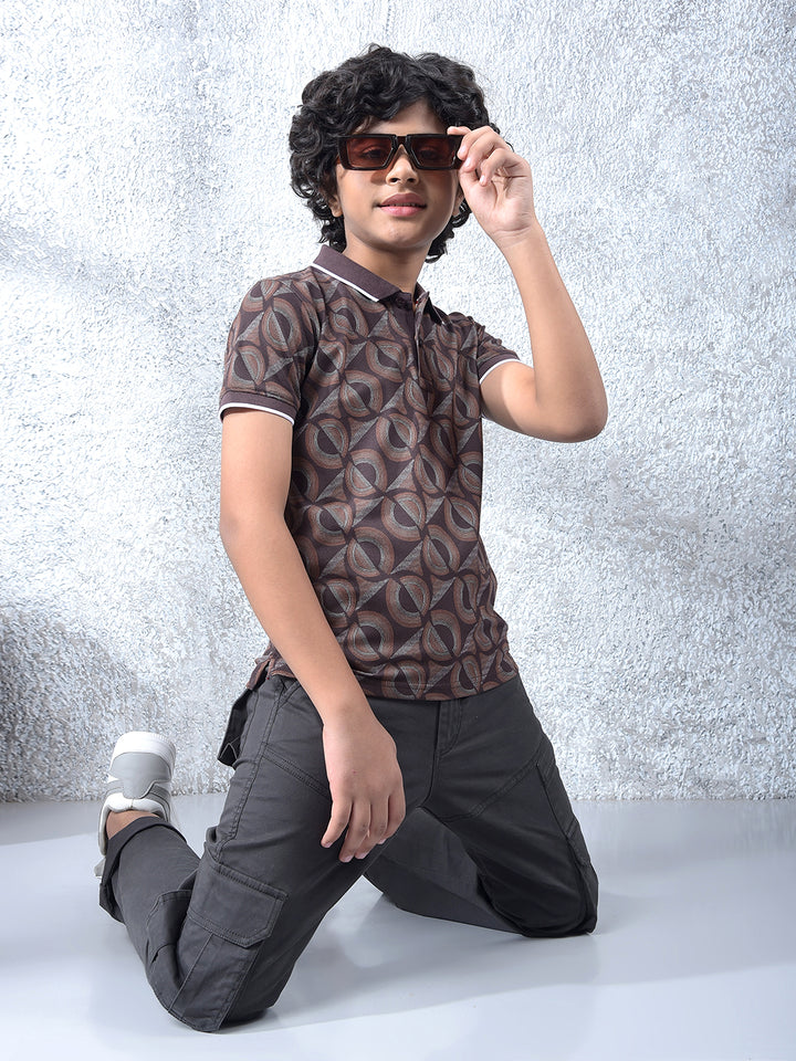 Brown Printed Polo Neck T-Shirt