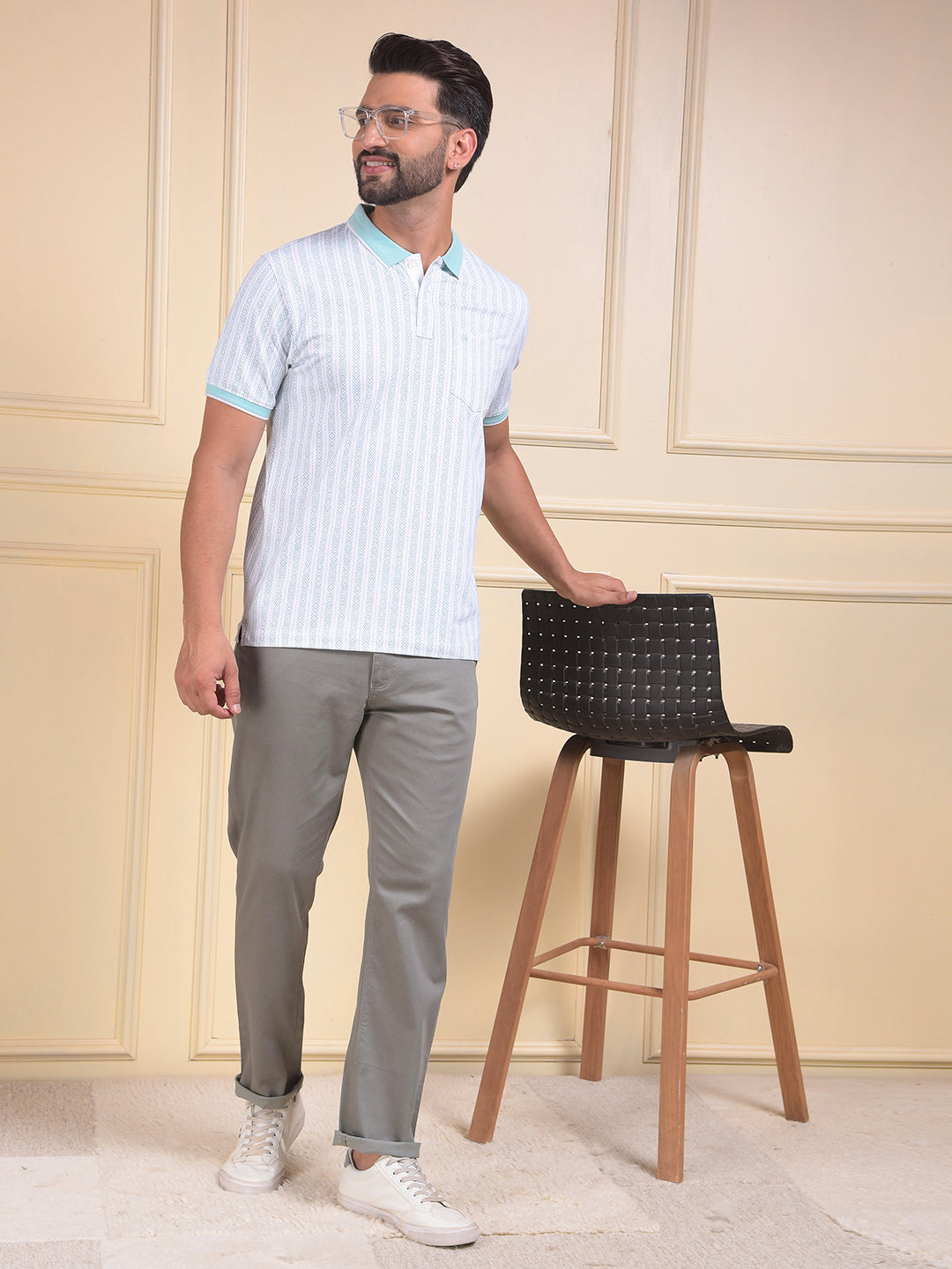 Green Vertical Stripes Polo Neck T-Shirt