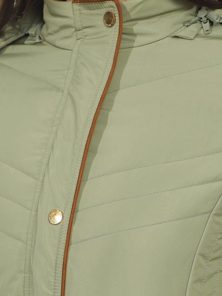 Green Hooded Puffer Jacket With Belt