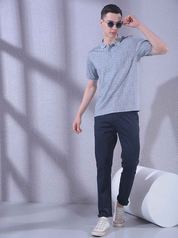 Grey Printed Polo Neck T-Shirt