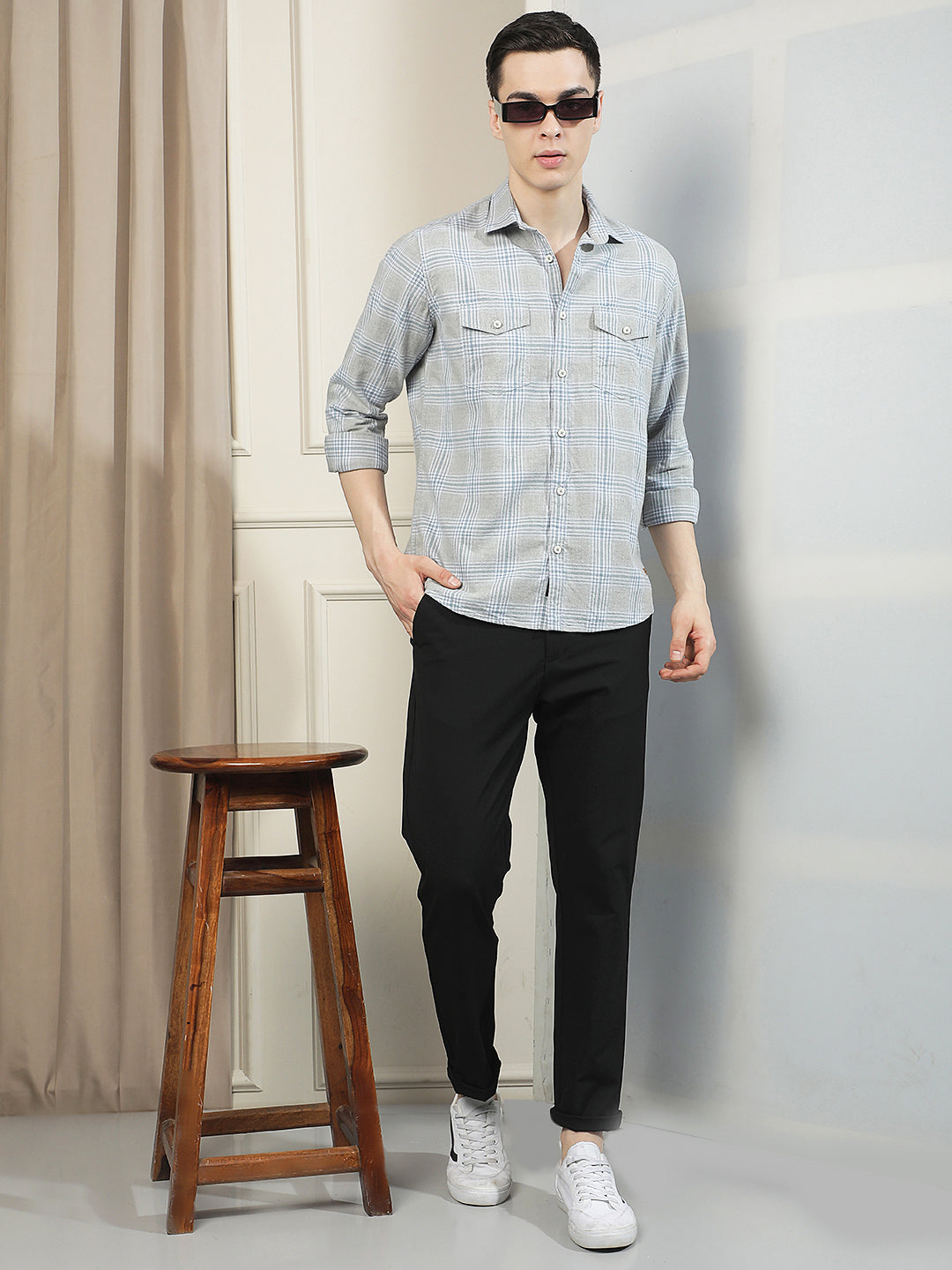 Grey Checked 100% Cotton Double Pocket Shirt