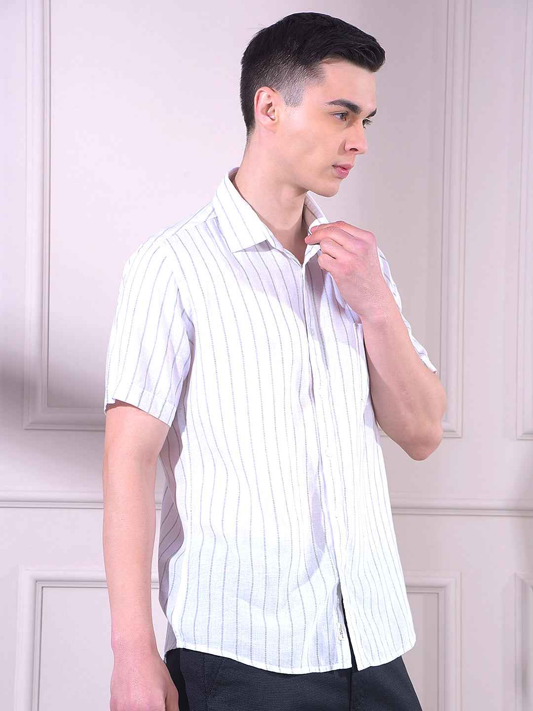 White Vertical Stripes Linen Shirt