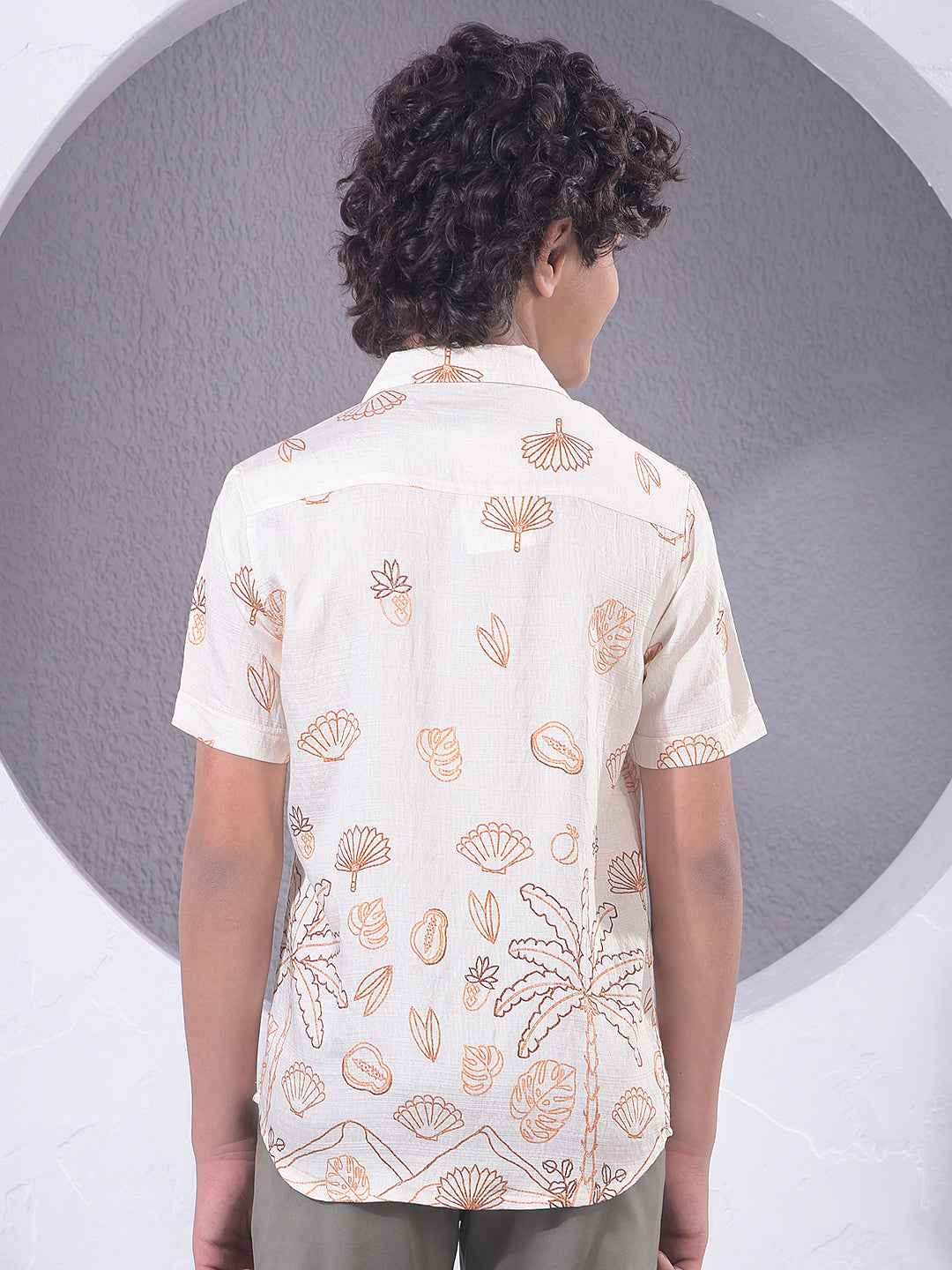 Orange Floral Print Resort-Collar Shirt