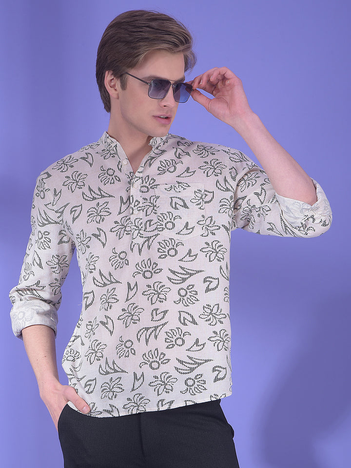 Black Floral Printed Linen Kurta